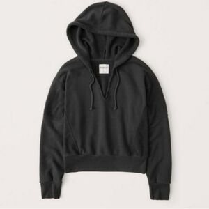 A&F Soft Gray Terry Split Neck Cropped Pullover Hooded Sweatshirt